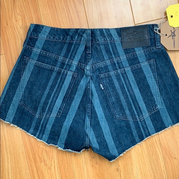 Women Indigo Blue Striped Jean Shorts High Rise - Picture 2 of 4